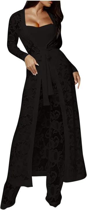 Women's Sexy Floral Lace 3 Piece See Through Wide Leg Pants Tube Top Long Kimono Robe Cover Up Coats Sets Elegant Suits