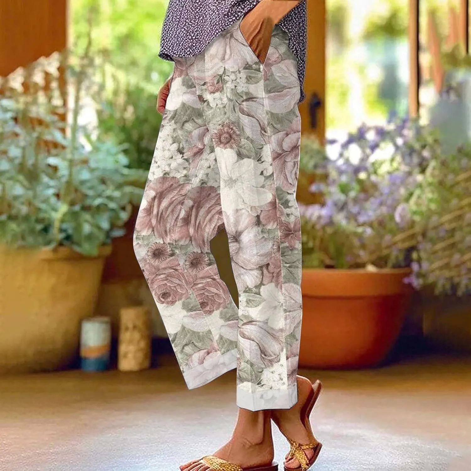 Women's Summer Drawstring Waist Pants Long Drawstring Linen Women Waist Cotton Casual Pants Summer Boho Wide Leg