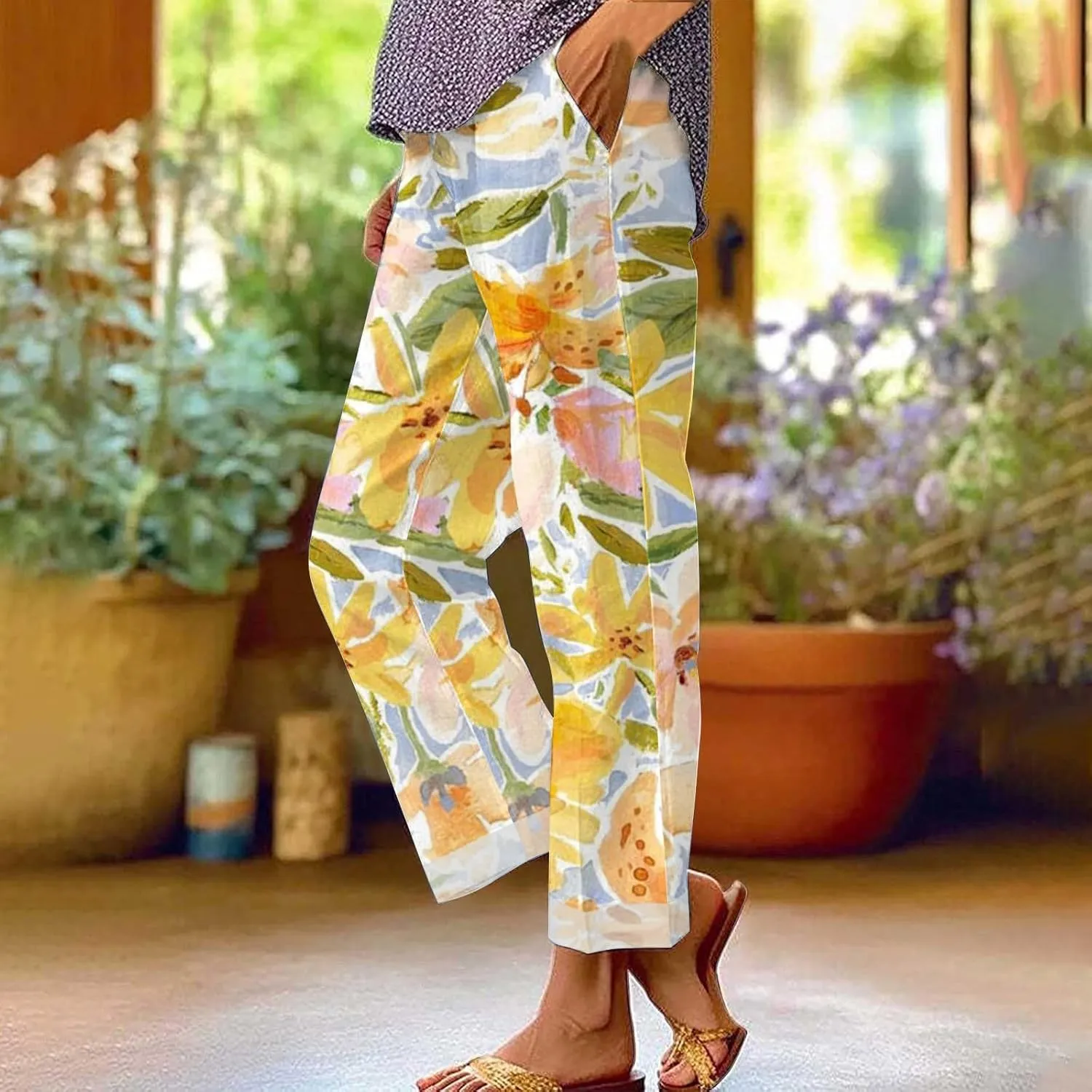 Women's Summer Drawstring Waist Pants Long Drawstring Linen Women Waist Cotton Casual Pants Summer Boho Wide Leg