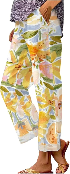 Women's Summer Drawstring Waist Pants Long Drawstring Linen Women Waist Cotton Casual Pants Summer Boho Wide Leg