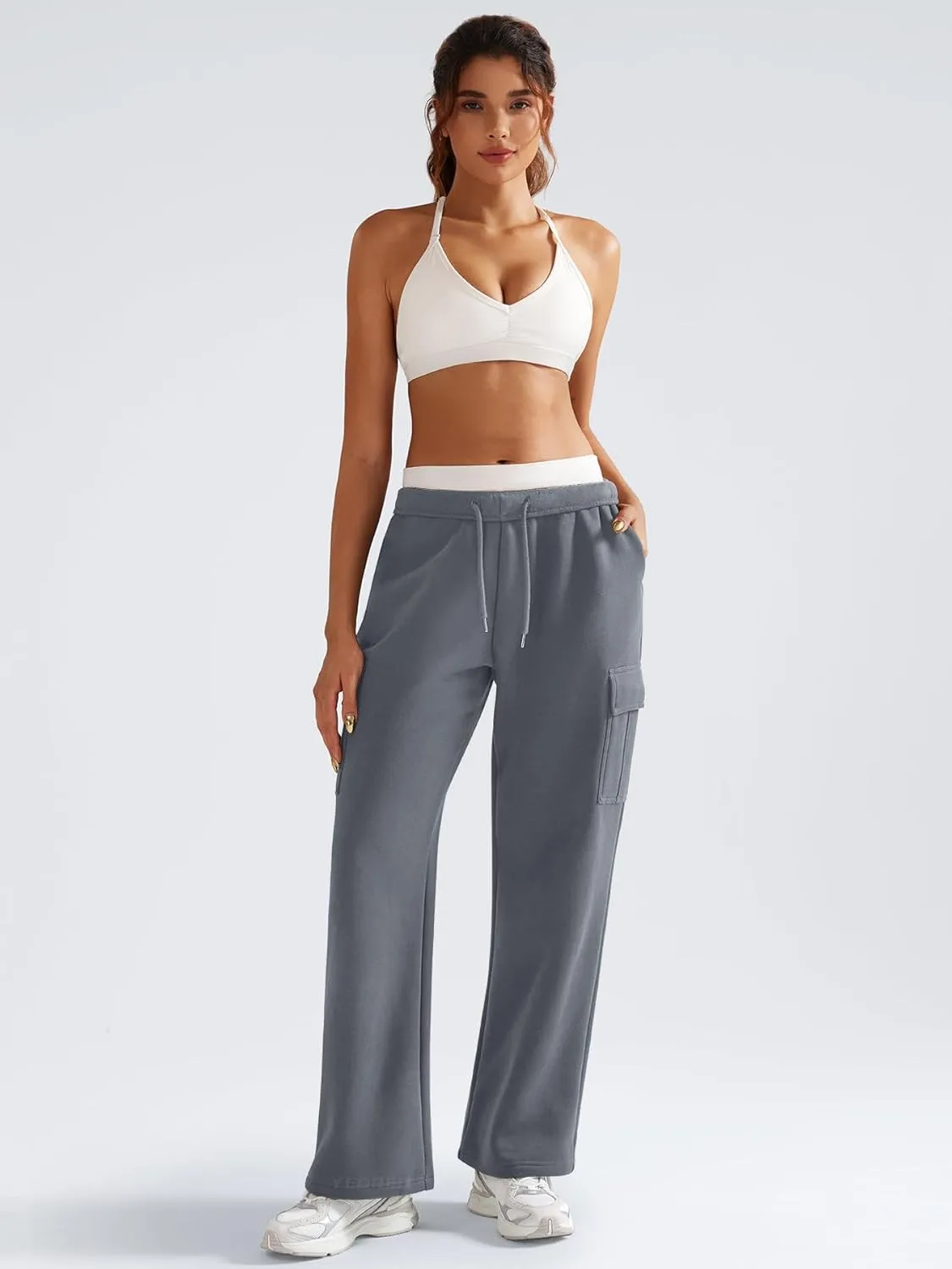 YEOREO Sweatpants Womens Cargo Pants Fleece Lined Wide Leg Joggers Baggy Drawstring Nairi Sweat Pants with Pockets