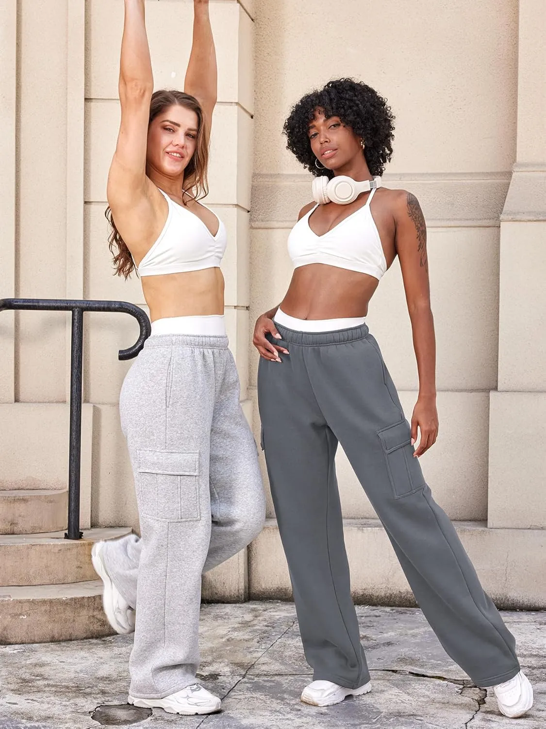 YEOREO Sweatpants Womens Cargo Pants Fleece Lined Wide Leg Joggers Baggy Drawstring Nairi Sweat Pants with Pockets