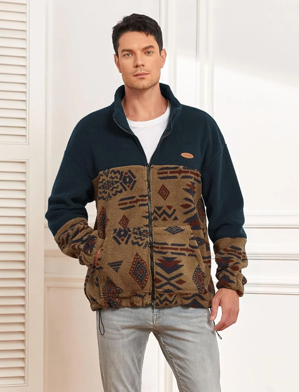 ZAFUL Men Ethnic Aztec Printed Fluffy Fuzzy Jacket Plush Fleece Casual Stand Collar Zip Outwear Cardigan Coat with Pockets