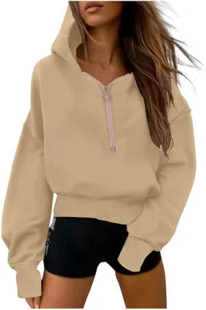 ZDRZK Half Zip Cropped Pullover Hoodies for Women Trendy 2024 Fashion Fall Y2K Sweatshirts Casual Loose Cute Shirts Tops