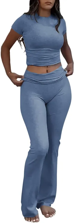 ZFLM Casual Workout Two Piece Outfits for Women Short Sleeve Crop High Waist Foldover Flare Pants Tracksuit Sets Streetwear
