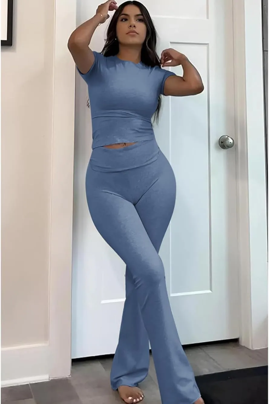 ZFLM Casual Workout Two Piece Outfits for Women Short Sleeve Crop High Waist Foldover Flare Pants Tracksuit Sets Streetwear