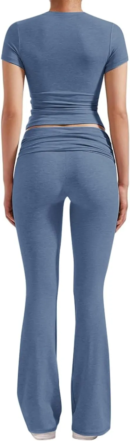 ZFLM Casual Workout Two Piece Outfits for Women Short Sleeve Crop High Waist Foldover Flare Pants Tracksuit Sets Streetwear