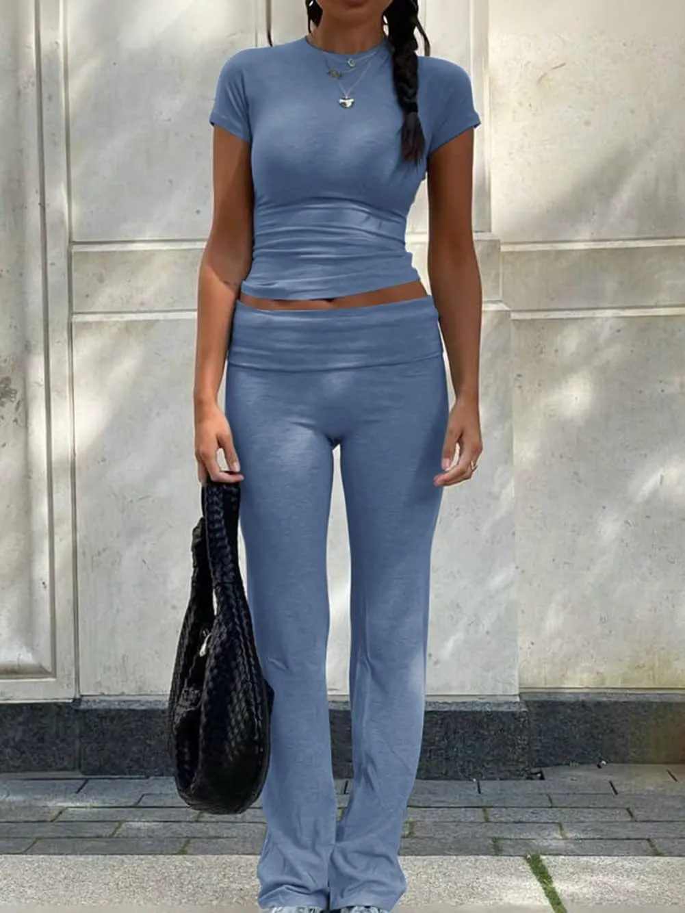 ZFLM Casual Workout Two Piece Outfits for Women Short Sleeve Crop High Waist Foldover Flare Pants Tracksuit Sets Streetwear