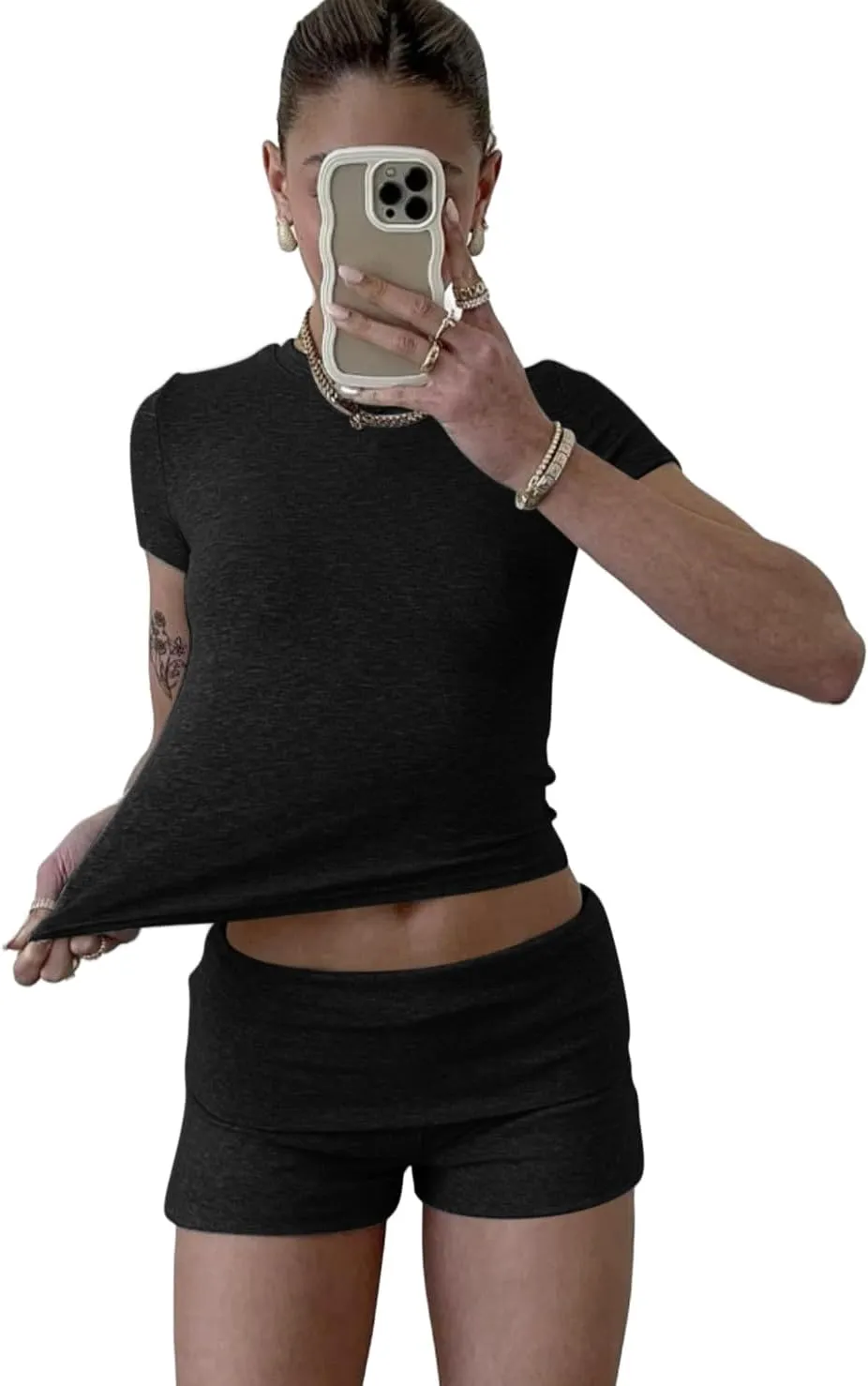 ZFLM Casual Workout Two Piece Outfits for Women Short Sleeve Crop High Waist Foldover Shorts Tracksuit Sets Streetwear