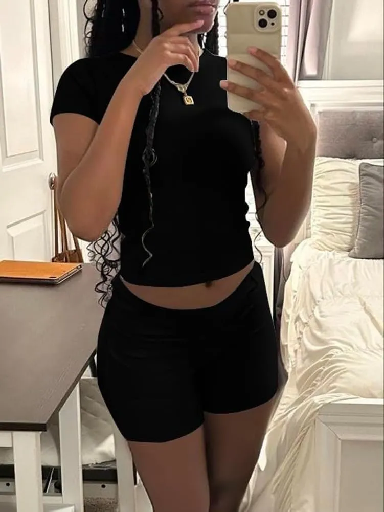 ZFLM Casual Workout Two Piece Outfits for Women Short Sleeve Crop High Waist Foldover Shorts Tracksuit Sets Streetwear