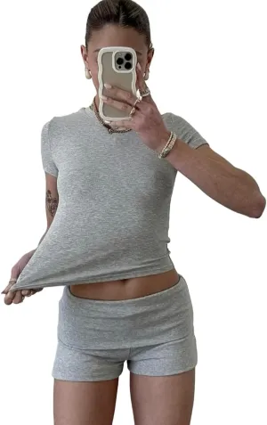 ZFLM Casual Workout Two Piece Outfits for Women Short Sleeve Crop High Waist Foldover Shorts Tracksuit Sets Streetwear