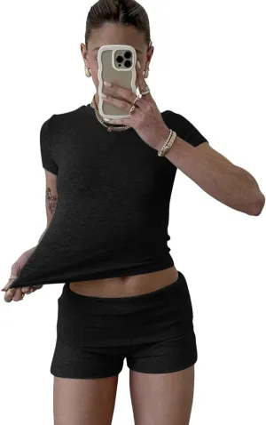 ZFLM Casual Workout Two Piece Outfits for Women Short Sleeve Crop High Waist Foldover Shorts Tracksuit Sets Streetwear